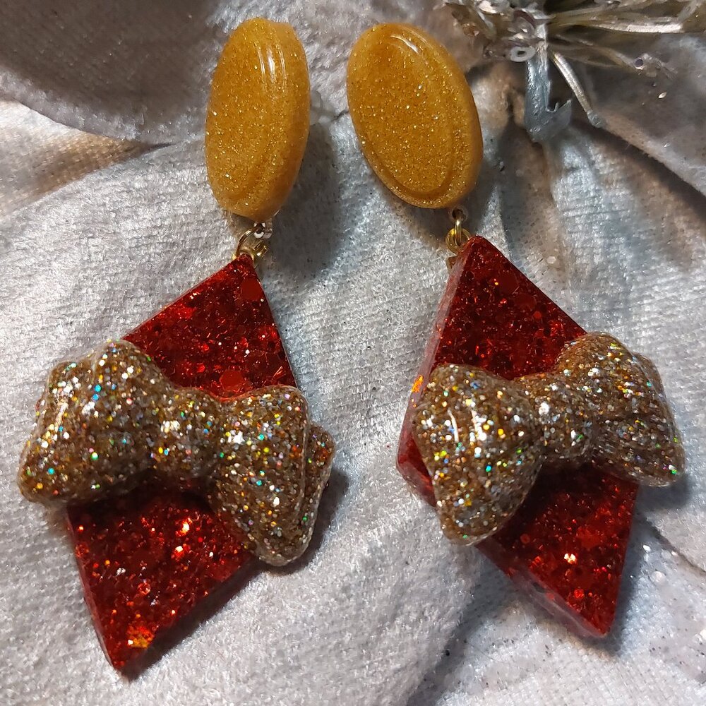 Handmade Red Gold Resin Retro Earrings with Bow, Pinup, Holiday.....